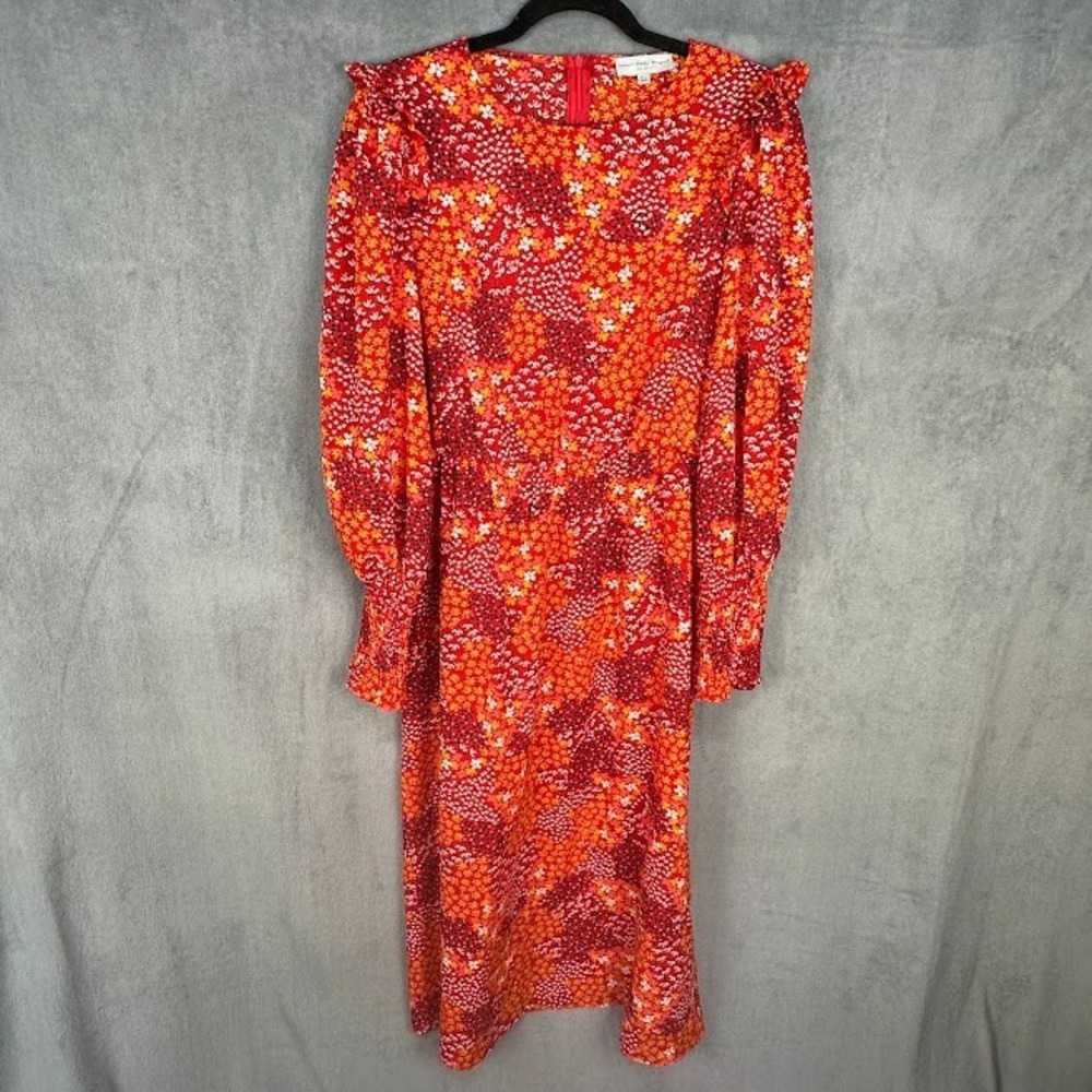 Never Fully Dressed Dress Womens 10 Orange Red Floral Long Sleeve Midi Chic Boho - Picture 2 of 15